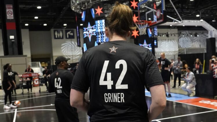 Jul 9, 2022; Chicago, IL, USA; Players on Team Stewart wear practice jersey s honoring Brittany Griner during practice for the 2022 WNBA All-Star Game. Mandatory Credit: David Banks-USA TODAY Sports