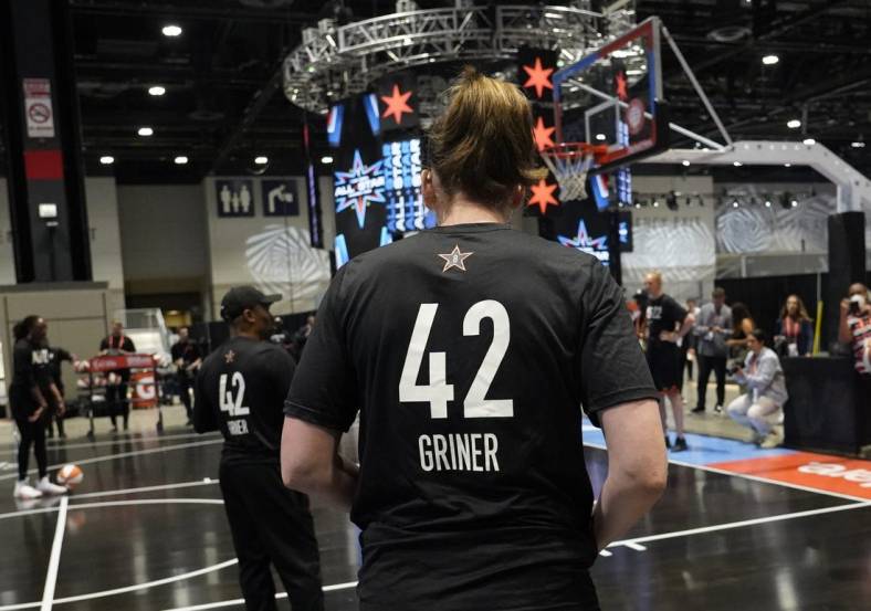 Jul 9, 2022; Chicago, IL, USA; Players on Team Stewart wear practice jersey s honoring Brittany Griner during practice for the 2022 WNBA All-Star Game. Mandatory Credit: David Banks-USA TODAY Sports