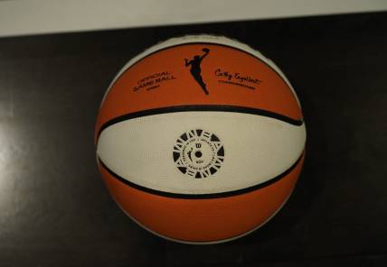 Jul 9, 2022; Chicago, IL, USA; A detail shot of a basketball during practice for the 2022 WNBA All-Star Game. Mandatory Credit: David Banks-USA TODAY Sports