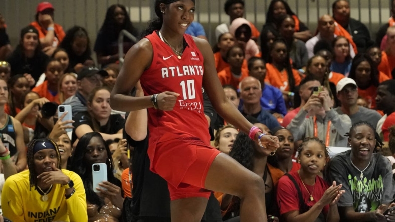 Jul 9, 2022; Chicago, Ill, USA; Rhyne Howard gestures after the first round of the 3-point  contest during the 2022 WNBA All-Star Game skills competition at Wintrust Arena. Mandatory Credit: David Banks-USA TODAY Sports
