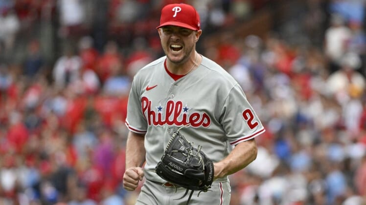 Jul 9, 2022; St. Louis, Missouri, USA;  Philadelphia Phillies relief pitcher Corey Knebel (23) reacts after closing out the ninth inning in a victory against the St. Louis Cardinals at Busch Stadium. Mandatory Credit: Jeff Curry-USA TODAY Sports