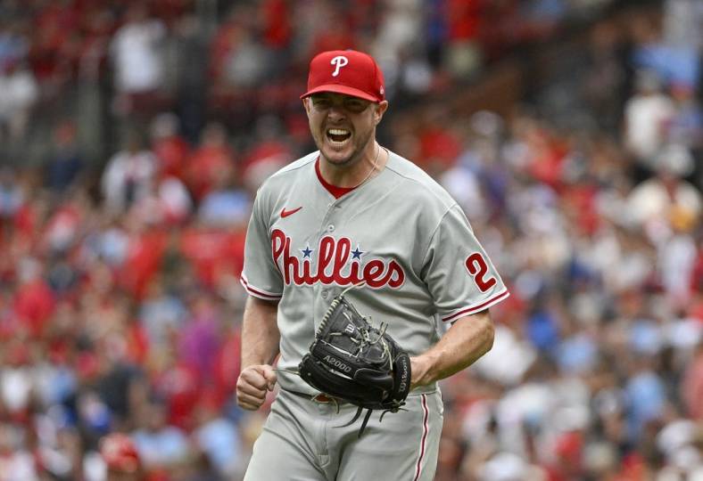 Jul 9, 2022; St. Louis, Missouri, USA;  Philadelphia Phillies relief pitcher Corey Knebel (23) reacts after closing out the ninth inning in a victory against the St. Louis Cardinals at Busch Stadium. Mandatory Credit: Jeff Curry-USA TODAY Sports
