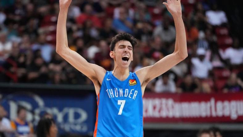 Jul 9, 2022; Las Vegas, NV, USA; Oklahoma City Thunder forward Chet Holmgren (7) reacts after a scoring play against the Houston Rockets during an NBA Summer League game at Thomas & Mack Center. Mandatory Credit: Stephen R. Sylvanie-USA TODAY Sports