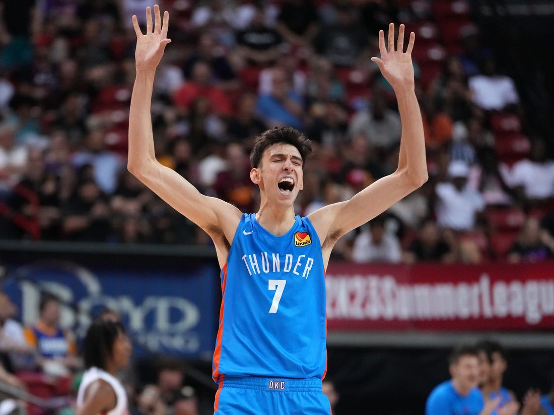 Jul 9, 2022; Las Vegas, NV, USA; Oklahoma City Thunder forward Chet Holmgren (7) reacts after a scoring play against the Houston Rockets during an NBA Summer League game at Thomas & Mack Center. Mandatory Credit: Stephen R. Sylvanie-USA TODAY Sports