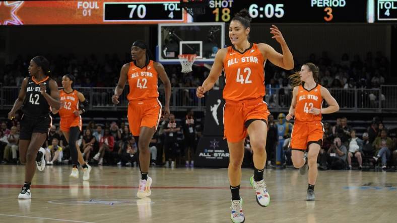 Jul 10, 2022; Chicago, Ill, USA; Players wear the number 42 to honor Brittany Griner during the second half in a WNBA All Star Game at Wintrust Arena. Mandatory Credit: David Banks-USA TODAY Sports