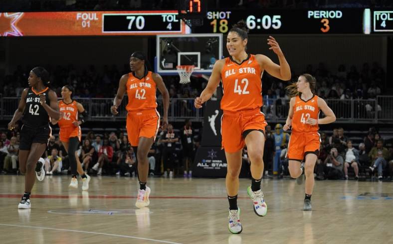 Jul 10, 2022; Chicago, Ill, USA; Players wear the number 42 to honor Brittany Griner during the second half in a WNBA All Star Game at Wintrust Arena. Mandatory Credit: David Banks-USA TODAY Sports