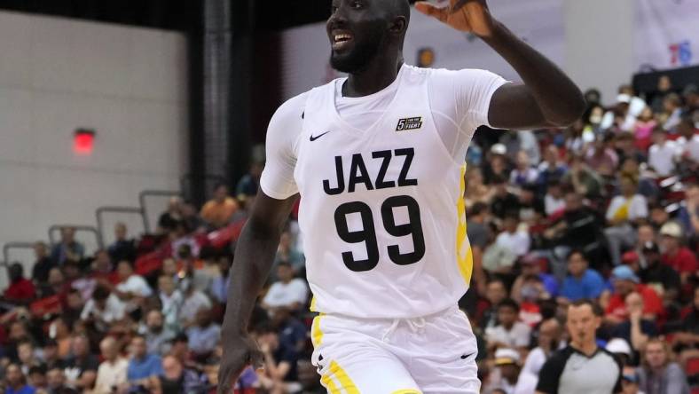 Jul 11, 2022; Las Vegas, NV, USA; Utah Jazz guard Tacko Fall (99) calls for a pass during an NBA Summer League game against the Dallas Mavericks at Cox Pavilion. Mandatory Credit: Stephen R. Sylvanie-USA TODAY Sports