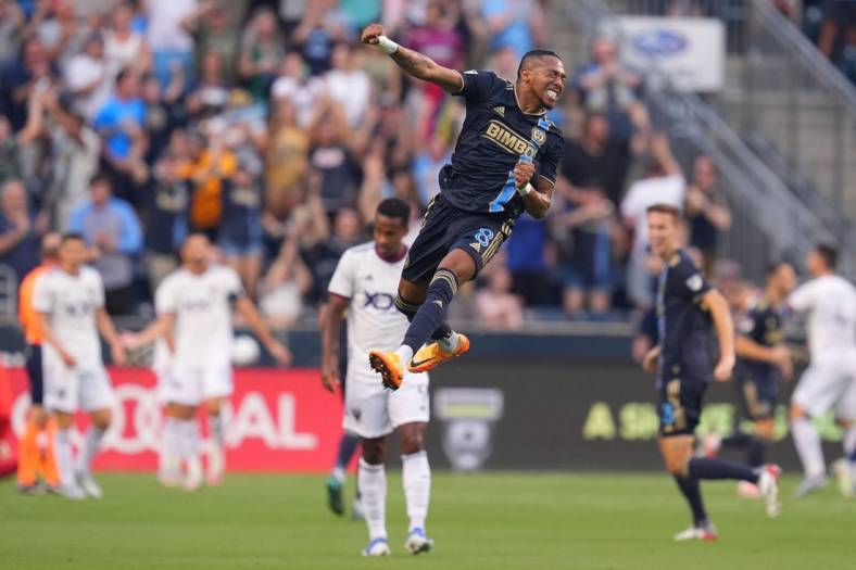 Jul 8, 2022; Chester, Pennsylvania, USA; Philadelphia Union midfielder Jose Andres Martinez (8) reacts after a goal by midfielder Alejandro Bedoya (11) (not pictured) against D.C. United in the first half at Subaru Park. Mandatory Credit: Mitchell Leff-USA TODAY Sports