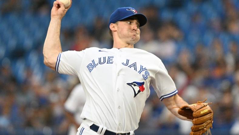 Jul 13, 2022; Toronto, Ontario, CAN; Toronto Blue Jays starting pitcher Ross Stripling (48) throws a pitch against the Philadelphia Phillies in the first inning at Rogers Centre. Mandatory Credit: Dan Hamilton-USA TODAY Sports