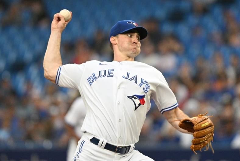 Jul 13, 2022; Toronto, Ontario, CAN; Toronto Blue Jays starting pitcher Ross Stripling (48) throws a pitch against the Philadelphia Phillies in the first inning at Rogers Centre. Mandatory Credit: Dan Hamilton-USA TODAY Sports