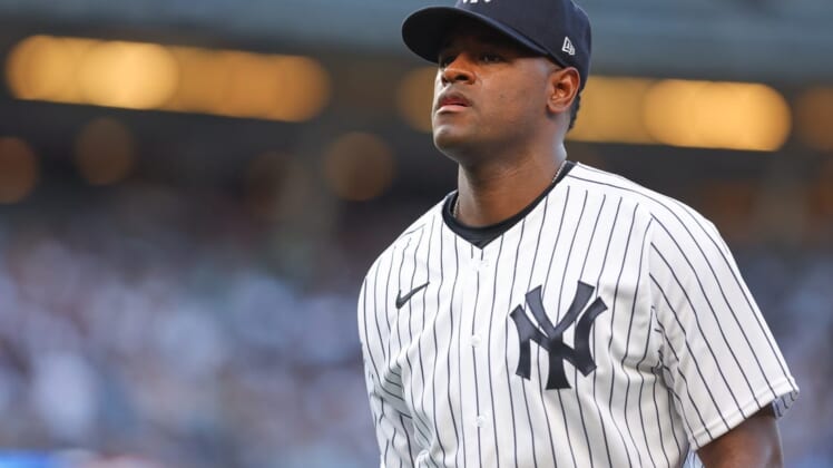 Jul 13, 2022; Bronx, New York, USA; New York Yankees starting pitcher Luis Severino (40) walks off the field after the second inning against the Cincinnati Reds at Yankee Stadium. Mandatory Credit: Vincent Carchietta-USA TODAY Sports