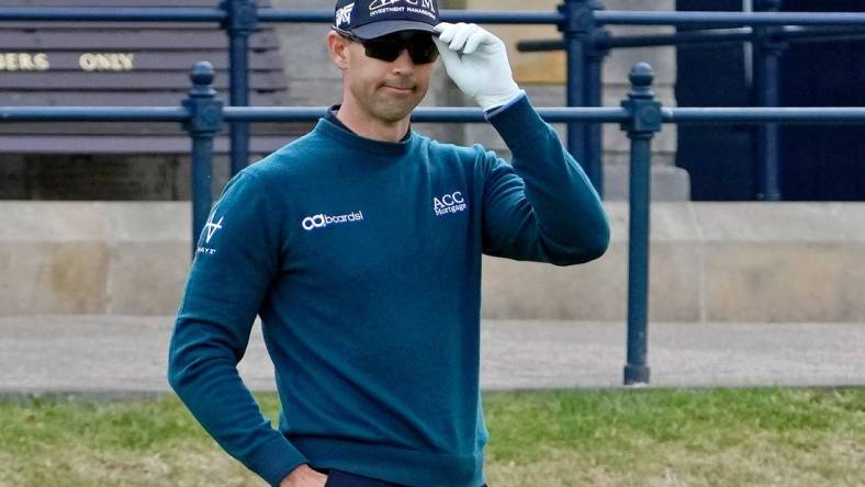 Jul 14, 2022; St. Andrews, SCT; Cameron Tringale reacts before teeing off on the first hole during the first round of the 150th Open Championship golf tournament at St. Andrews Old Course. Mandatory Credit: Michael Madrid-USA TODAY Sports