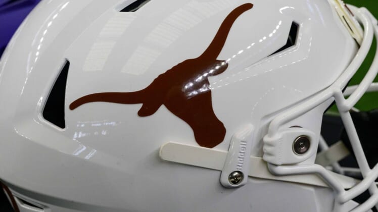 Jul 14, 2022; Arlington, TX, USA; A view of the Texas Longhorns helmet logo during the Big 12 Media Day at AT&T Stadium. Mandatory Credit: Jerome Miron-USA TODAY Sports