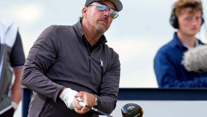 Jul 15, 2022; St. Andrews, SCT; Phil Mickelson tees off on the 15th hole during the second round of the 150th Open Championship golf tournament at St. Andrews Old Course. Mandatory Credit: Michael Madrid-USA TODAY Sports