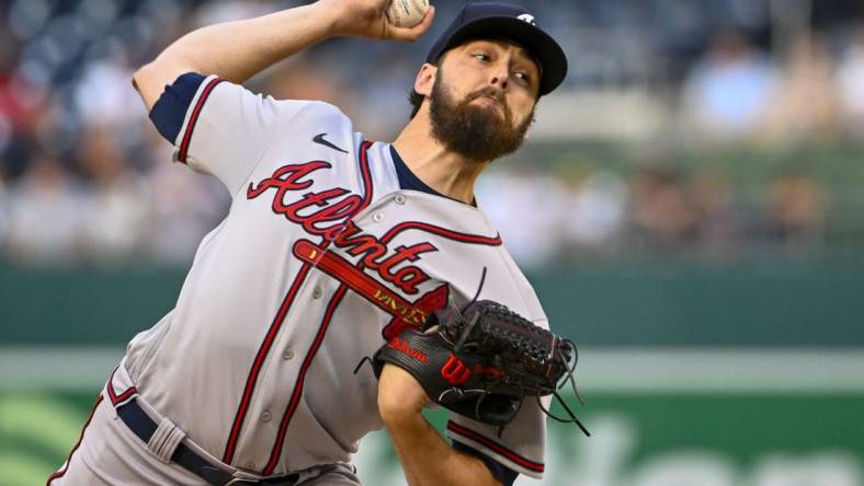 Jul 15, 2022; Washington, District of Columbia, USA; Atlanta Braves starting pitcher Ian Anderson (36) throws to the Washington Nationals during the first inning at Nationals Park. Mandatory Credit: Brad Mills-USA TODAY Sports