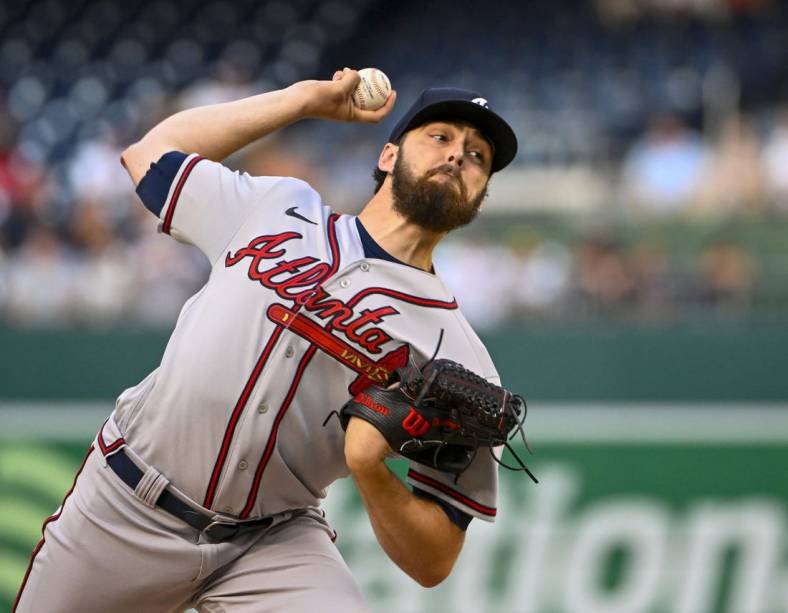 Jul 15, 2022; Washington, District of Columbia, USA; Atlanta Braves starting pitcher Ian Anderson (36) throws to the Washington Nationals during the first inning at Nationals Park. Mandatory Credit: Brad Mills-USA TODAY Sports