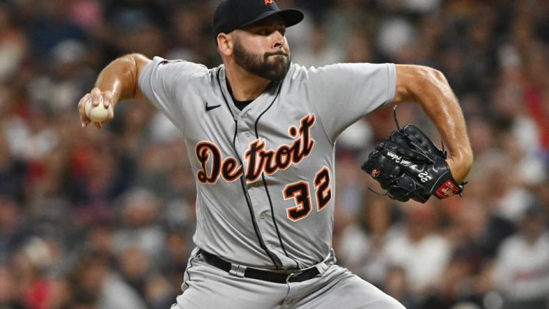 Jul 15, 2022; Cleveland, Ohio, USA; Detroit Tigers relief pitcher Michael Fulmer (32) throws a pitch during the seventh inning against the Cleveland Guardians at Progressive Field. Mandatory Credit: Ken Blaze-USA TODAY Sports