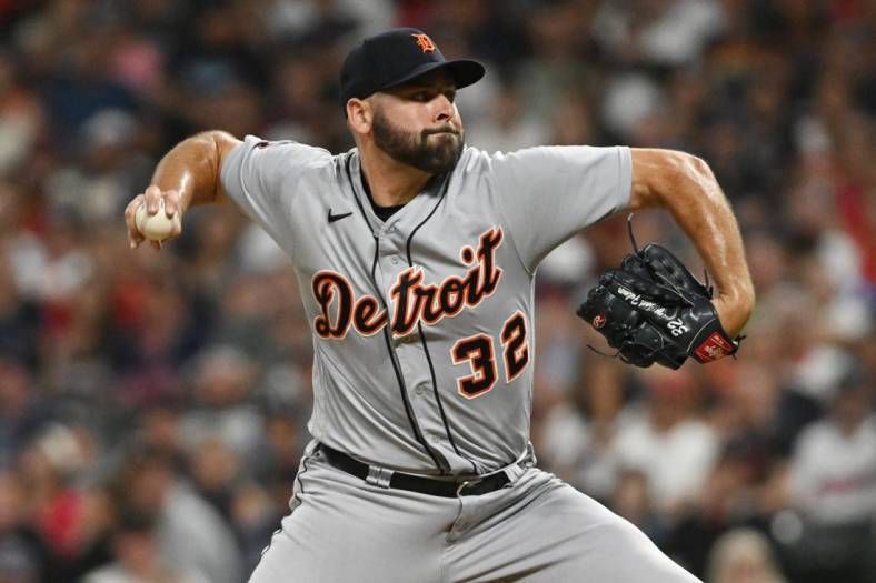 Jul 15, 2022; Cleveland, Ohio, USA; Detroit Tigers relief pitcher Michael Fulmer (32) throws a pitch during the seventh inning against the Cleveland Guardians at Progressive Field. Mandatory Credit: Ken Blaze-USA TODAY Sports