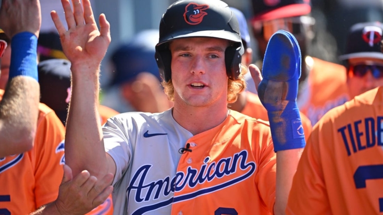 Jul 16, 2022; Los Angeles, CA, USA; American League Futures third baseman Gunnar Henderson (2) is greeted in the dugout after scoring a run in the first inning of the All Star-Futures Game at Dodger Stadium. Mandatory Credit: Jayne Kamin-Oncea-USA TODAY Sports