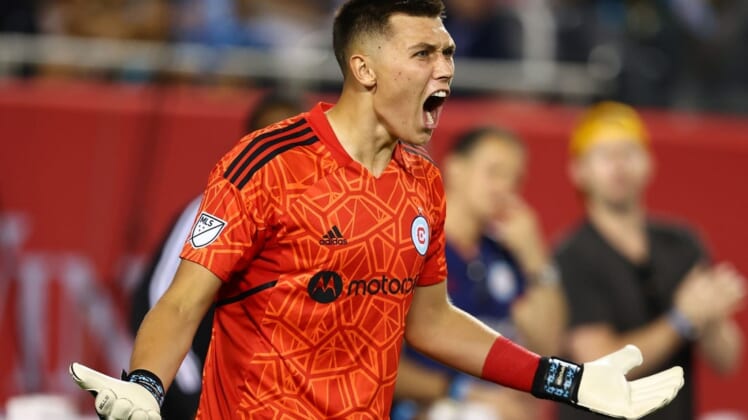 Jul 16, 2022; Chicago, Illinois, USA; Chicago Fire goalkeeper Gabriel Slonina (1) reacts against the Seattle Sounders during the second half at Soldier Field. Mandatory Credit: Mike Dinovo-USA TODAY Sports
