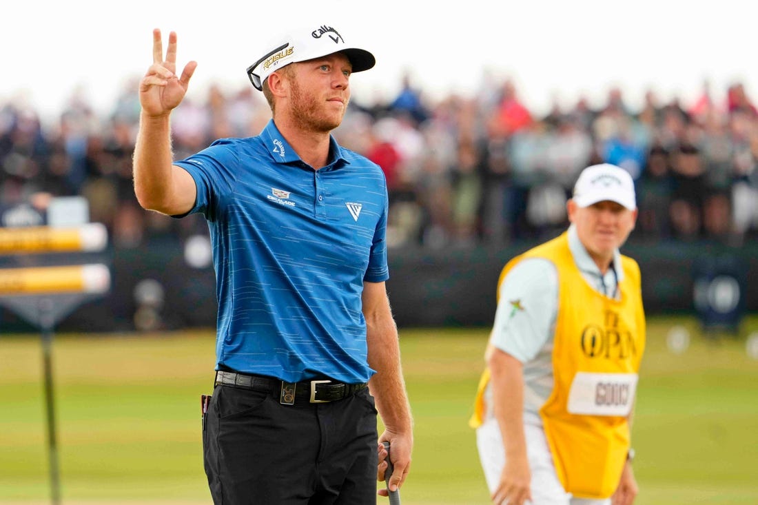 Jul 17, 2022; St. Andrews, SCT; Talor Gooch reacts after a putt on the 17th green during the final round of the 150th Open Championship golf tournament at St. Andrews Old Course. Mandatory Credit: Rob Schumacher-USA TODAY Sports