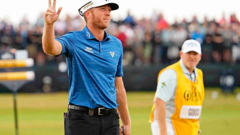 Jul 17, 2022; St. Andrews, SCT; Talor Gooch reacts after a putt on the 17th green during the final round of the 150th Open Championship golf tournament at St. Andrews Old Course. Mandatory Credit: Rob Schumacher-USA TODAY Sports