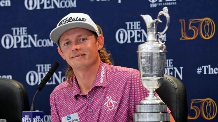 Jul 17, 2022; St. Andrews, SCT; Cameron Smith talks to media during a press conference after winning the 150th Open Championship golf tournament at St. Andrews Old Course. Mandatory Credit: Michael Madrid-USA TODAY Sports