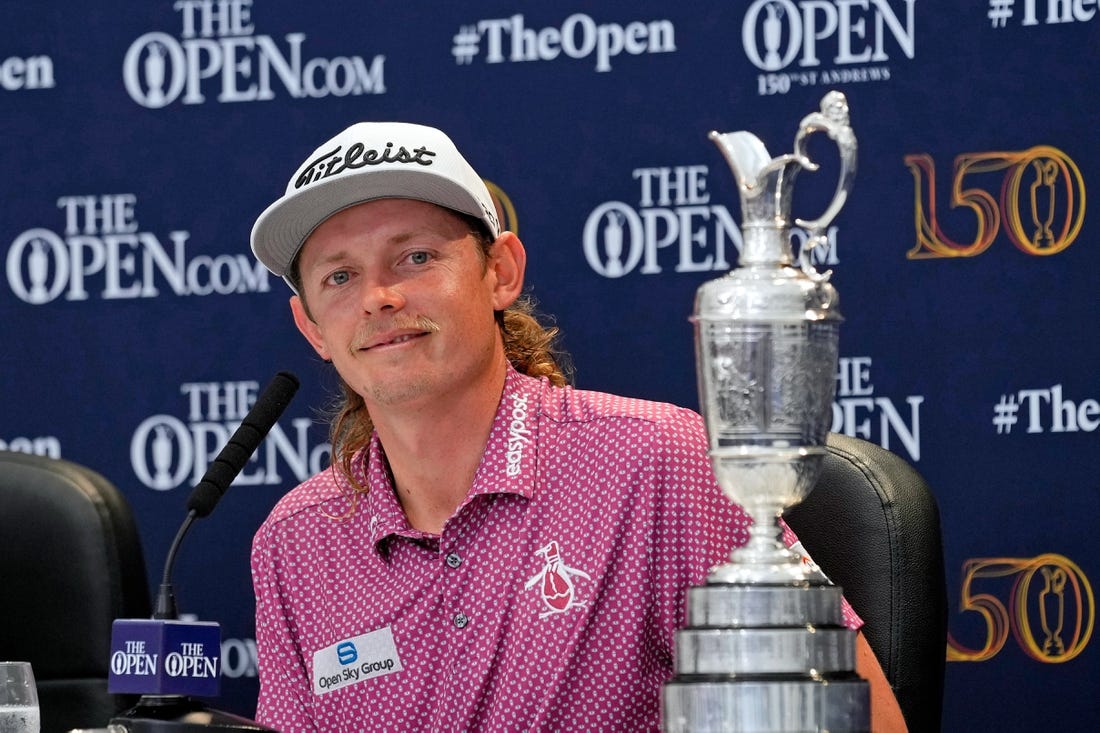 Jul 17, 2022; St. Andrews, SCT; Cameron Smith talks to media during a press conference after winning the 150th Open Championship golf tournament at St. Andrews Old Course. Mandatory Credit: Michael Madrid-USA TODAY Sports