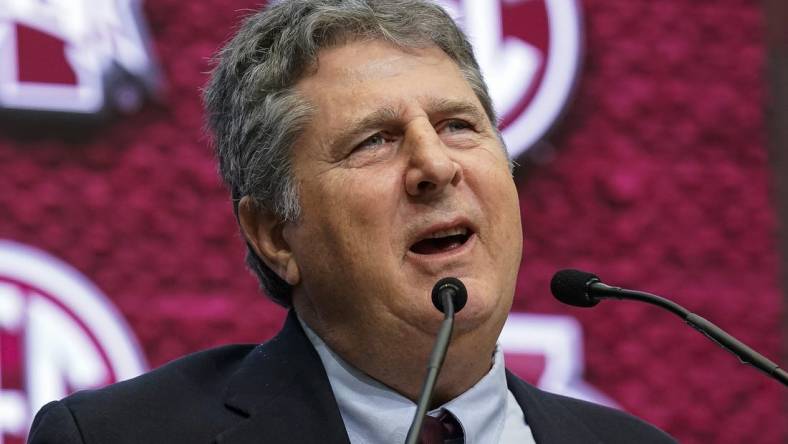 Jul 19, 2022; Atlanta, GA, USA; Mississippi State head coach Mike Leach shown on the stage during SEC Media Days at the College Football Hall of Fame. Mandatory Credit: Dale Zanine-USA TODAY Sports