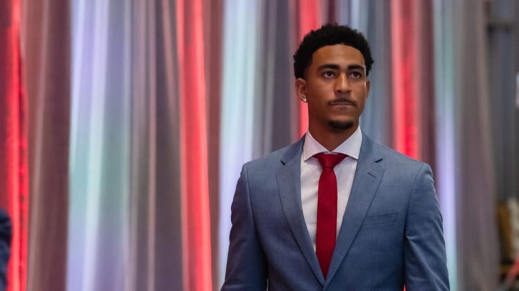 July 19, 2022; Atlanta,GA, USA; Alabama's Heisman Trophy winning quarterback Bryce Young comes to the primary media room during SEC Media Days at the College Football Hall of Fame in Atlanta Tuesday, July 19, 2022. Gary Cosby Jr.-The Tuscaloosa NewsAlabama At Sec Media Days