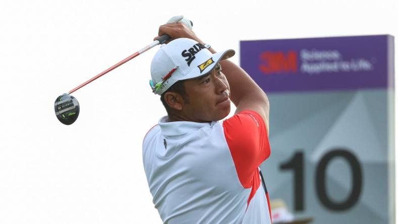 Jul 21, 2022; Blaine, Minnesota, USA; Hideki Matsuyama tees of on the 10th hole during the first round of the 3M Open golf tournament. Mandatory Credit: Matt Krohn-USA TODAY Sports