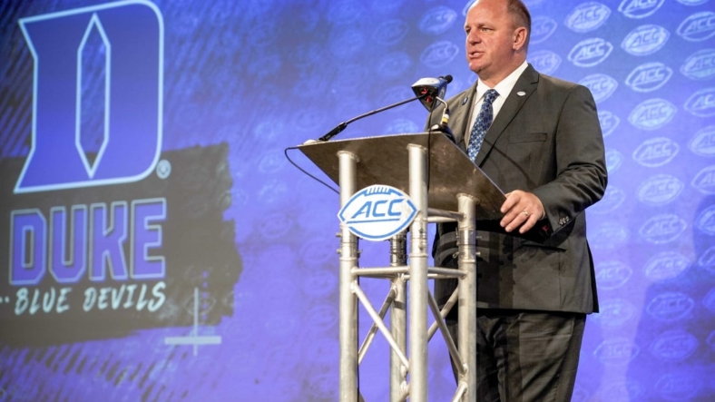 Jul 21, 2022; Charlotte, NC, USA; Duke Head Coach Mike Elko talks to the media during the second day of ACC Media Days at the Westin Hotel in Charlotte, NC. Mandatory Credit: Jim Dedmon-USA TODAY Sports
