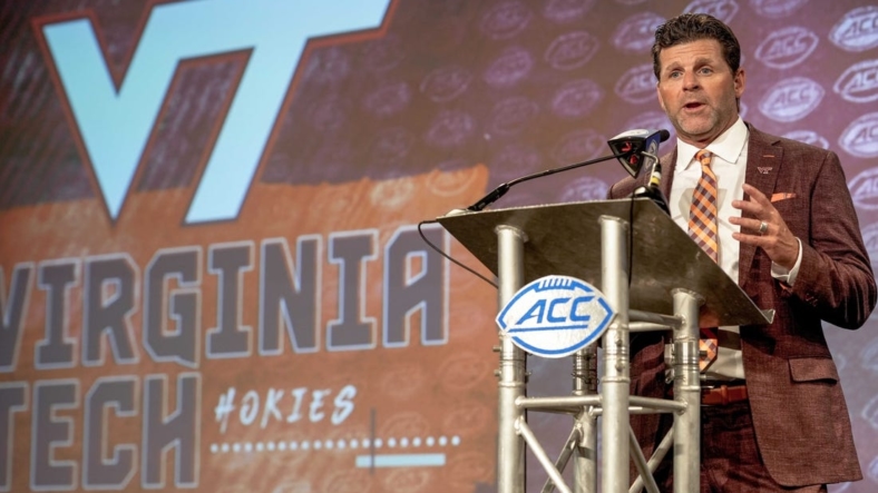 Jul 21, 2022; Charlotte, NC, USA;  Virginia Tech Head Coach Brent Pry talks to the media during the second day of ACC Media Days at the Westin Hotel in Charlotte, NC. Mandatory Credit: Jim Dedmon-USA TODAY Sports