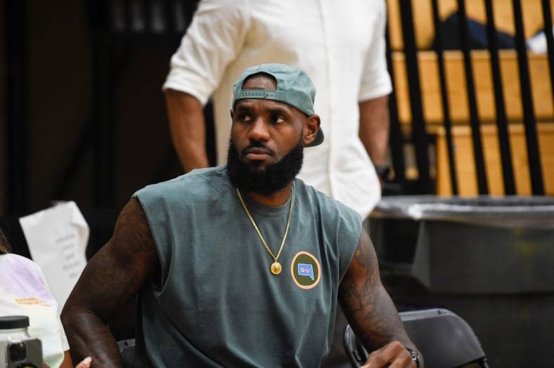 Basketball great LeBron James sits on the sidelines during The Skill Factory and Strive for Greatness game at the Peach Jam in North Augusta, S.C., on Thursday, July 21, 2022. TSF defeated Strive for Greatness 65-50.

Sports Peach Jam The Skill Factory V Strive For Greatness