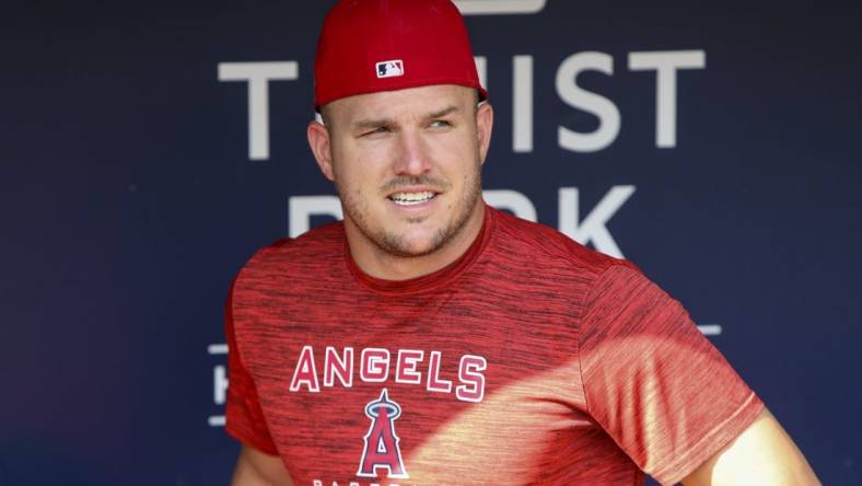 Jul 22, 2022; Atlanta, Georgia, USA; Los Angeles Angels center fielder Mike Trout (27) in the dugout before a game against the Atlanta Braves at Truist Park. Mandatory Credit: Brett Davis-USA TODAY Sports