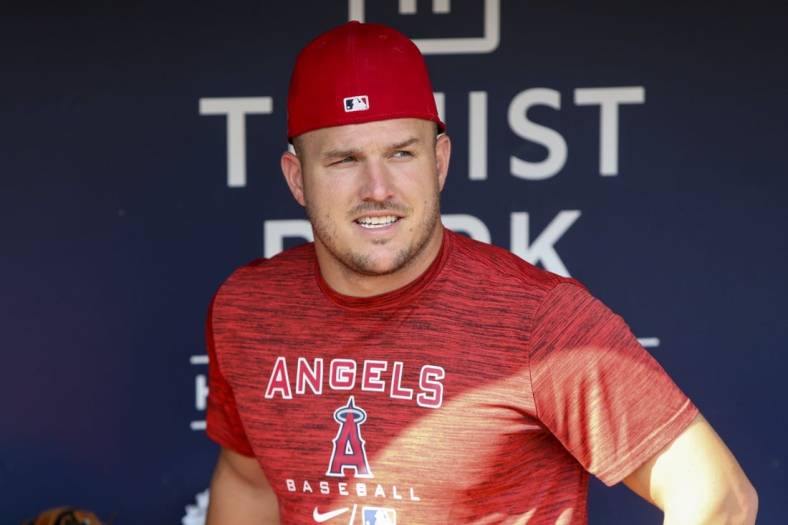 Jul 22, 2022; Atlanta, Georgia, USA; Los Angeles Angels center fielder Mike Trout (27) in the dugout before a game against the Atlanta Braves at Truist Park. Mandatory Credit: Brett Davis-USA TODAY Sports