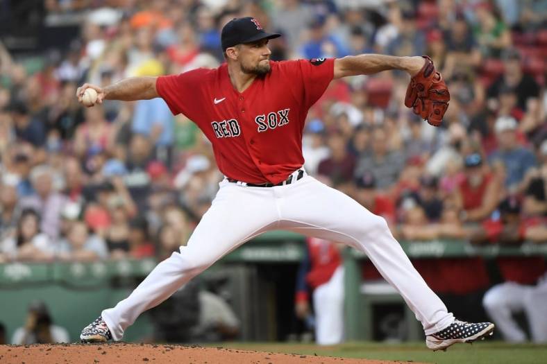 Jul 22, 2022; Boston, Massachusetts, USA; Boston Red Sox starting pitcher Nathan Eovaldi (17) pitches during the first inning against the Toronto Blue Jays at Fenway Park. Mandatory Credit: Bob DeChiara-USA TODAY Sports