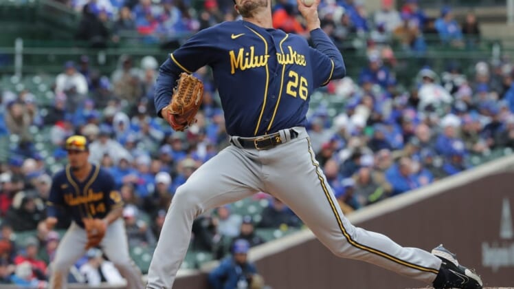Milwaukee Brewers relief pitcher Aaron Ashby (26) throws during the sixth inning of their game against the Chicago Cubs Thursday, April 7, 2022 at Wrigley Field in Chicago, Ill. The Chicago Cubs beat the Milwaukee Brewers 5-4.Mjs Brewers08 12 Jpg Brewers08