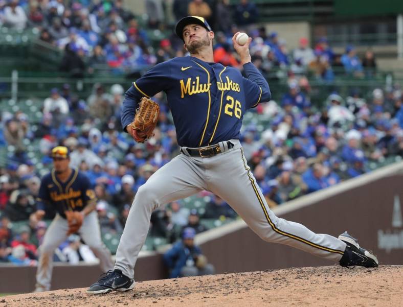 Milwaukee Brewers relief pitcher Aaron Ashby (26) throws during the sixth inning of their game against the Chicago Cubs Thursday, April 7, 2022 at Wrigley Field in Chicago, Ill. The Chicago Cubs beat the Milwaukee Brewers 5-4.

Mjs Brewers08 12 Jpg Brewers08