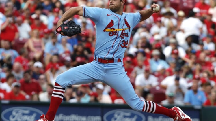 Jul 23, 2022; Cincinnati, Ohio, USA; St. Louis Cardinals starting pitcher Steven Matz (32) throws a pitch against the Cincinnati Reds during the first inning at Great American Ball Park. Mandatory Credit: David Kohl-USA TODAY Sports
