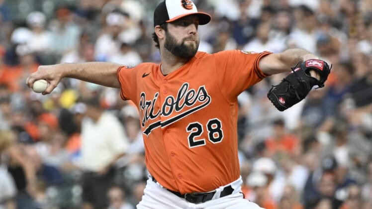 Jul 23, 2022; Baltimore, Maryland, USA;  Baltimore Orioles starting pitcher Jordan Lyles (28) delivers against the New York Yankees during the first inning at Oriole Park at Camden Yards. Mandatory Credit: James A. Pittman-USA TODAY Sports