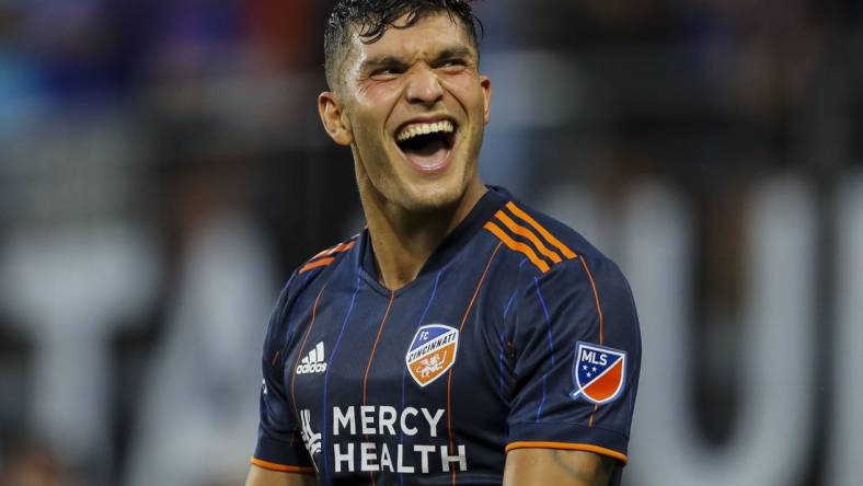 Jul 23, 2022; Cincinnati, Ohio, USA; FC Cincinnati forward Brandon Vazquez (19) reacts after scoring a goal against Nashville SC in the second half at TQL Stadium. Mandatory Credit: Katie Stratman-USA TODAY Sports