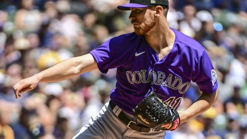 Jul 24, 2022; Milwaukee, Wisconsin, USA; Colorado Rockies pitcher Chad Kuhl (41) throws a pitch in the first inning against the Milwaukee Brewers at American Family Field. Mandatory Credit: Benny Sieu-USA TODAY Sports