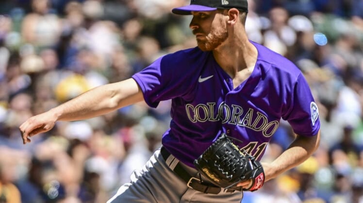 Jul 24, 2022; Milwaukee, Wisconsin, USA; Colorado Rockies pitcher Chad Kuhl (41) throws a pitch in the first inning against the Milwaukee Brewers at American Family Field. Mandatory Credit: Benny Sieu-USA TODAY Sports