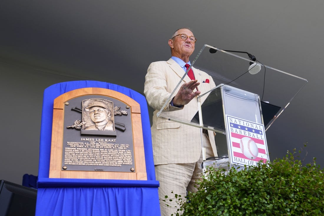 Jul 24, 2022; Cooperstown, New York, USA; Hall of Fame Inductee Jim Kaat gives his acceptance speech during the Baseball Hall of Fame Induction Ceremony at Clark Sports Center. Mandatory Credit: Gregory Fisher-USA TODAY Sports