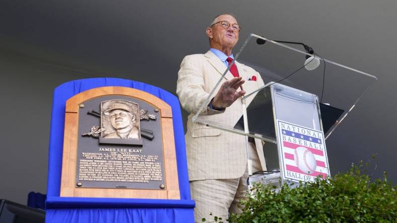 Jul 24, 2022; Cooperstown, New York, USA; Hall of Fame Inductee Jim Kaat gives his acceptance speech during the Baseball Hall of Fame Induction Ceremony at Clark Sports Center. Mandatory Credit: Gregory Fisher-USA TODAY Sports