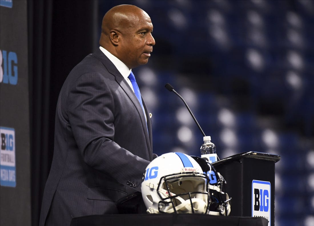 Jul 26, 2022; Indianapolis, IN, USA;  Big Ten commissioner Kevin Warren talks to the media during Big 10 football media days at Lucas Oil Stadium. Mandatory Credit: Robert Goddin-USA TODAY Sports