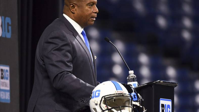 Jul 26, 2022; Indianapolis, IN, USA;  Big Ten commissioner Kevin Warren talks to the media during Big 10 football media days at Lucas Oil Stadium. Mandatory Credit: Robert Goddin-USA TODAY Sports