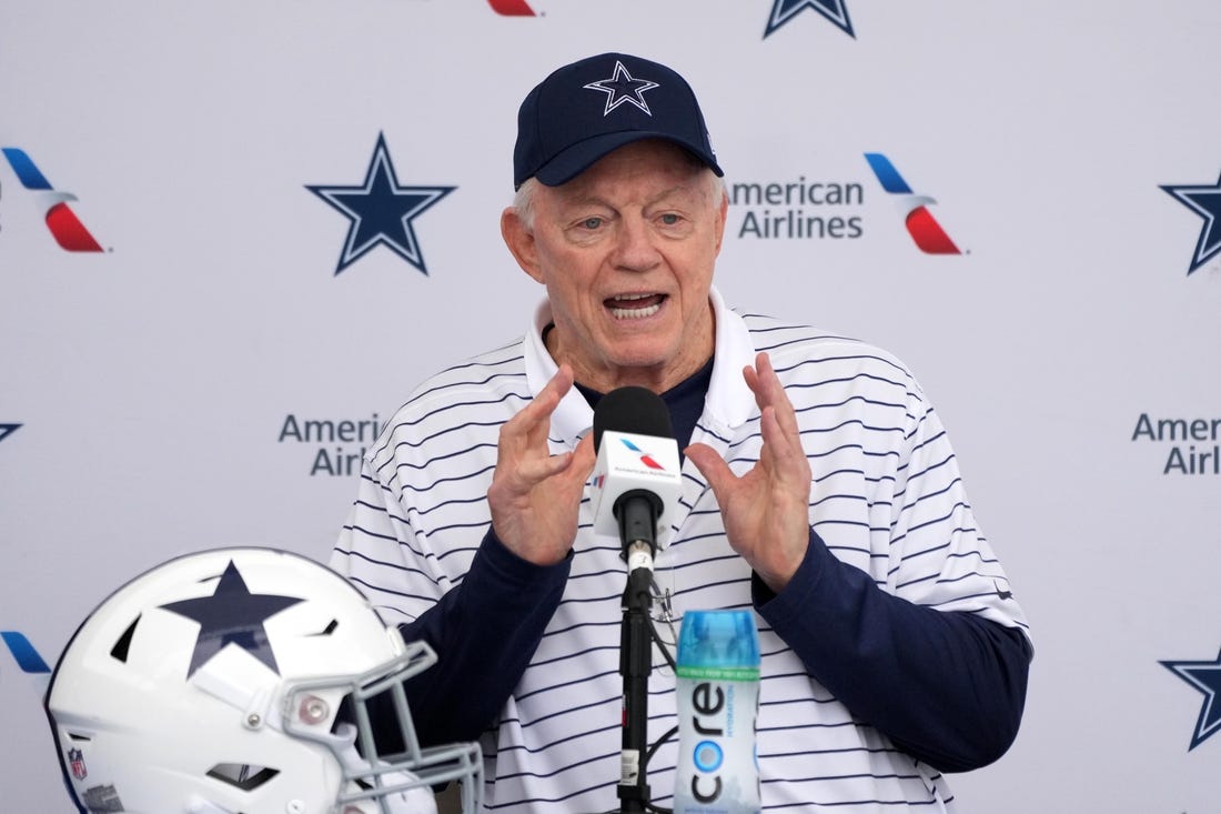 Jul 26, 2022; Oxnard, CA, USA; Dallas Cowboys owner Jerry Jones at training camp press conference at the River Ridge Fields.  Mandatory Credit: Kirby Lee-USA TODAY Sports