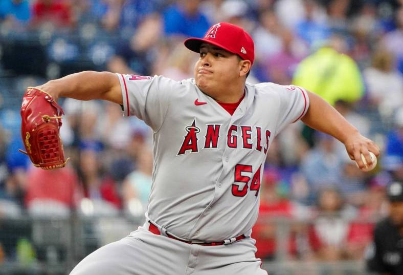 Jul 26, 2022; Kansas City, Missouri, USA; Los Angeles Angels starting pitcher Jose Suarez (54) delivers a pitch abasing the Kansas City Royals in the first inning of the game at Kauffman Stadium. Mandatory Credit: Denny Medley-USA TODAY Sports